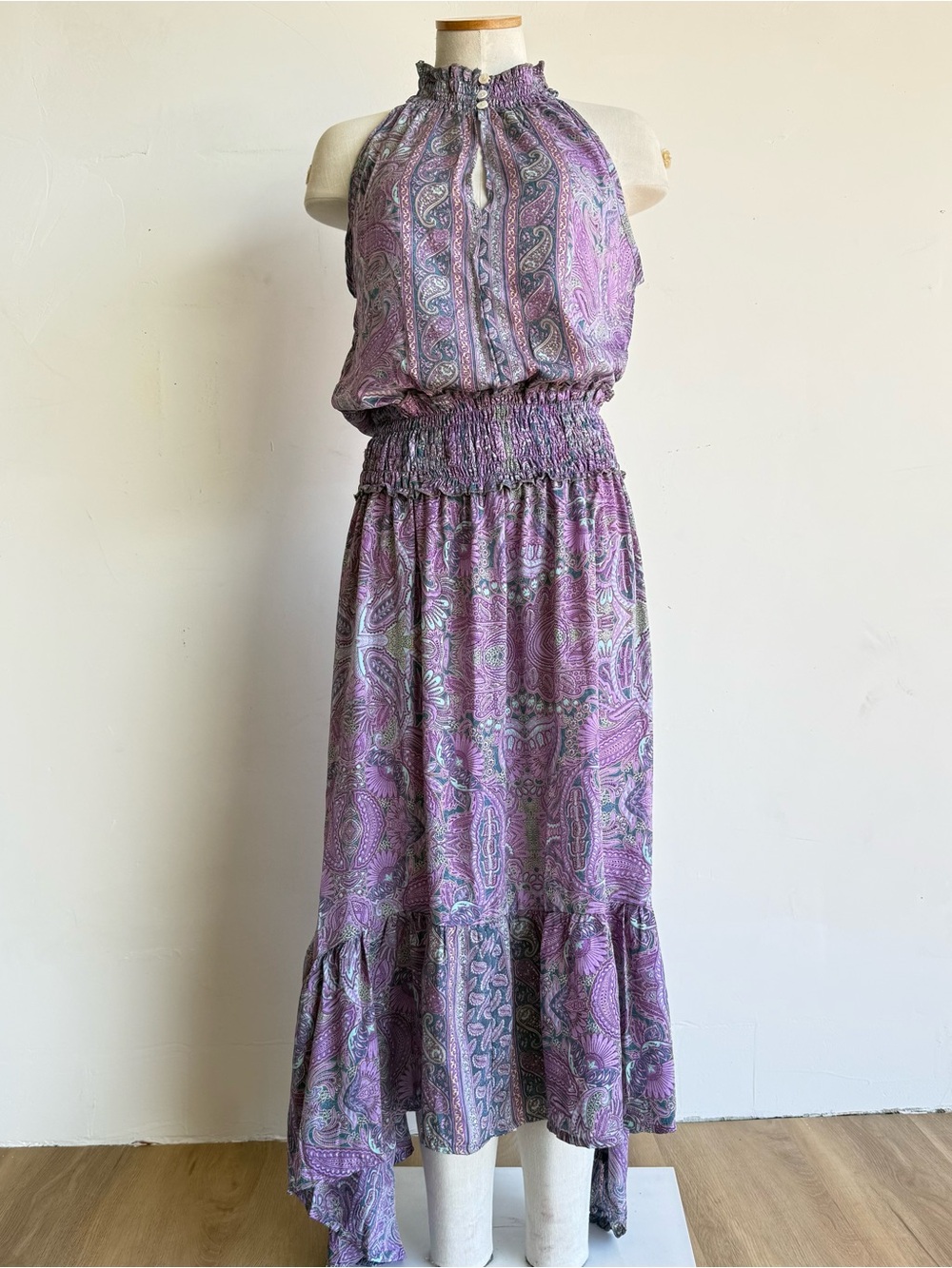 Perry Walker Collective Midi Dress Large Smocked Waist Purple blue Paisley silk